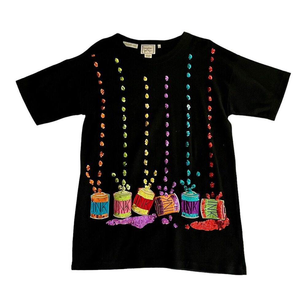 Conversations Jill Rogers Vintage Ink Sequin T-Shirt Womens Size Medium